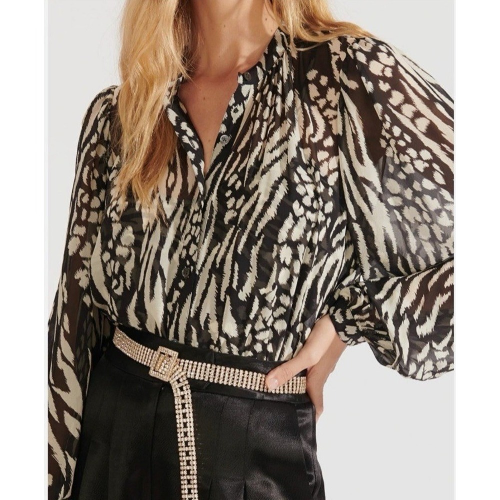 Veronica Beard Ashlynn Silk Blouse Women's XL 16 Black Bone Ikat Animal Print